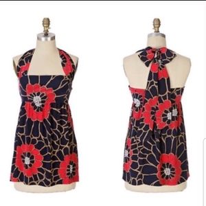 Anthropologie Blue Red Silk Floral Halter Top Bow